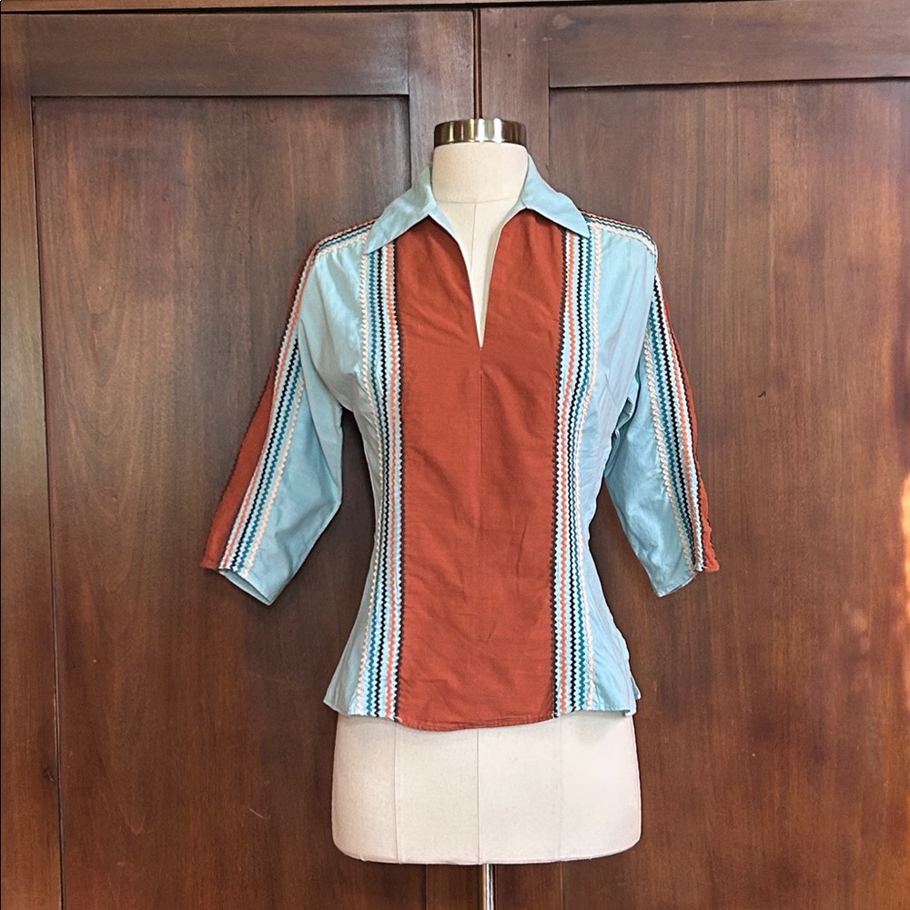 50s Patio Blouse Blue Brown Ricrac 3/4 Sleeve XS